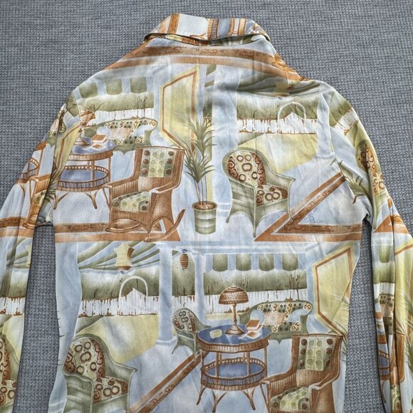 Vintage 70s Long Sleeve Collared Shirt With Retro Interior Design Print Size 7/8 - Picture 5 of 11